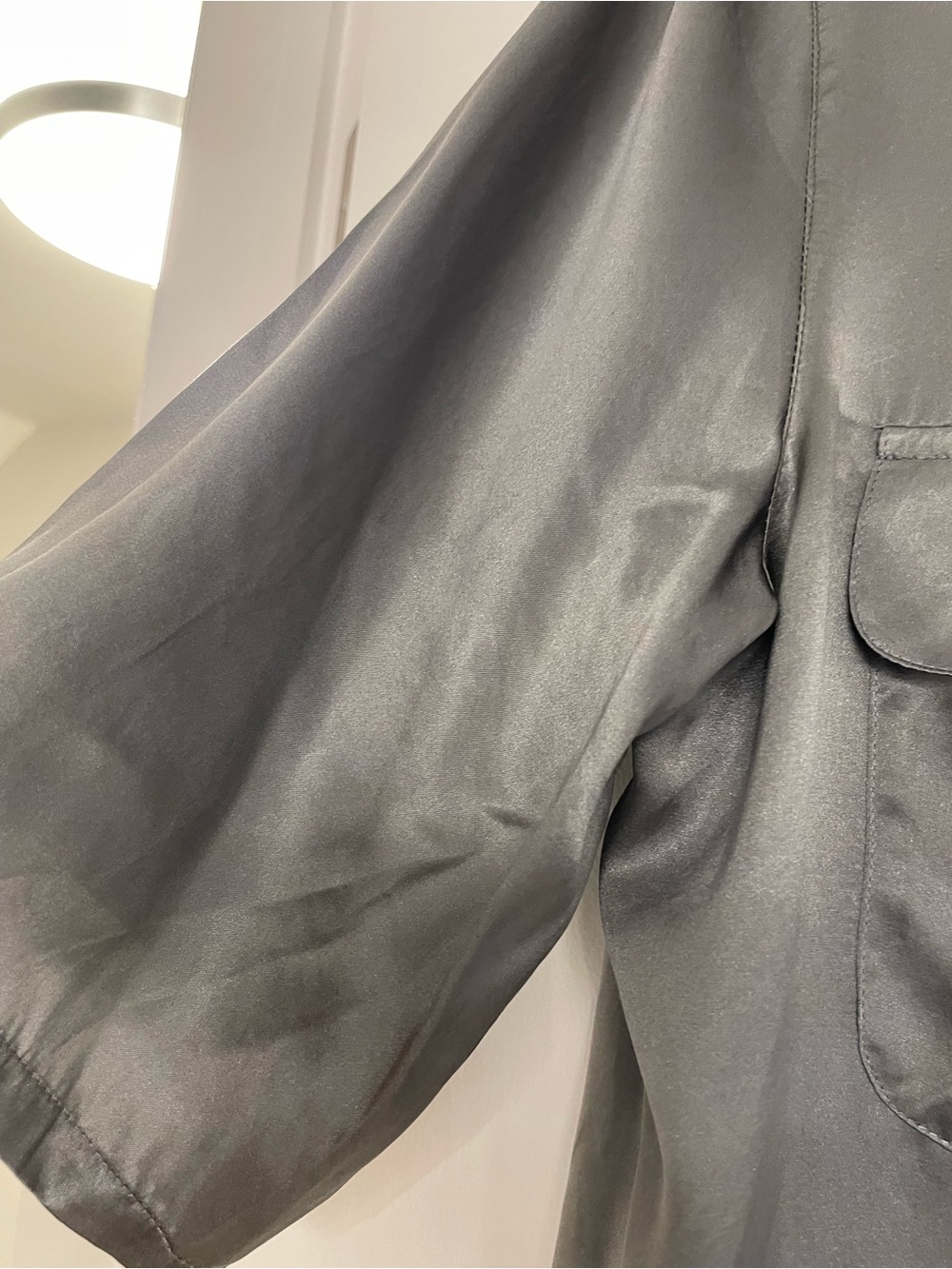 August Silk Brand  Silk Short-Sleeve Button-Down Blouse in Charcoal - Picture 7 of 9